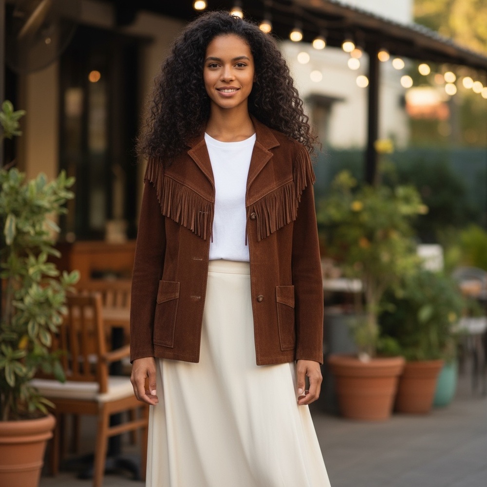 Vintage WB Place Co 70s Red Brown Leather Fringe Western Jacket Size M Festival